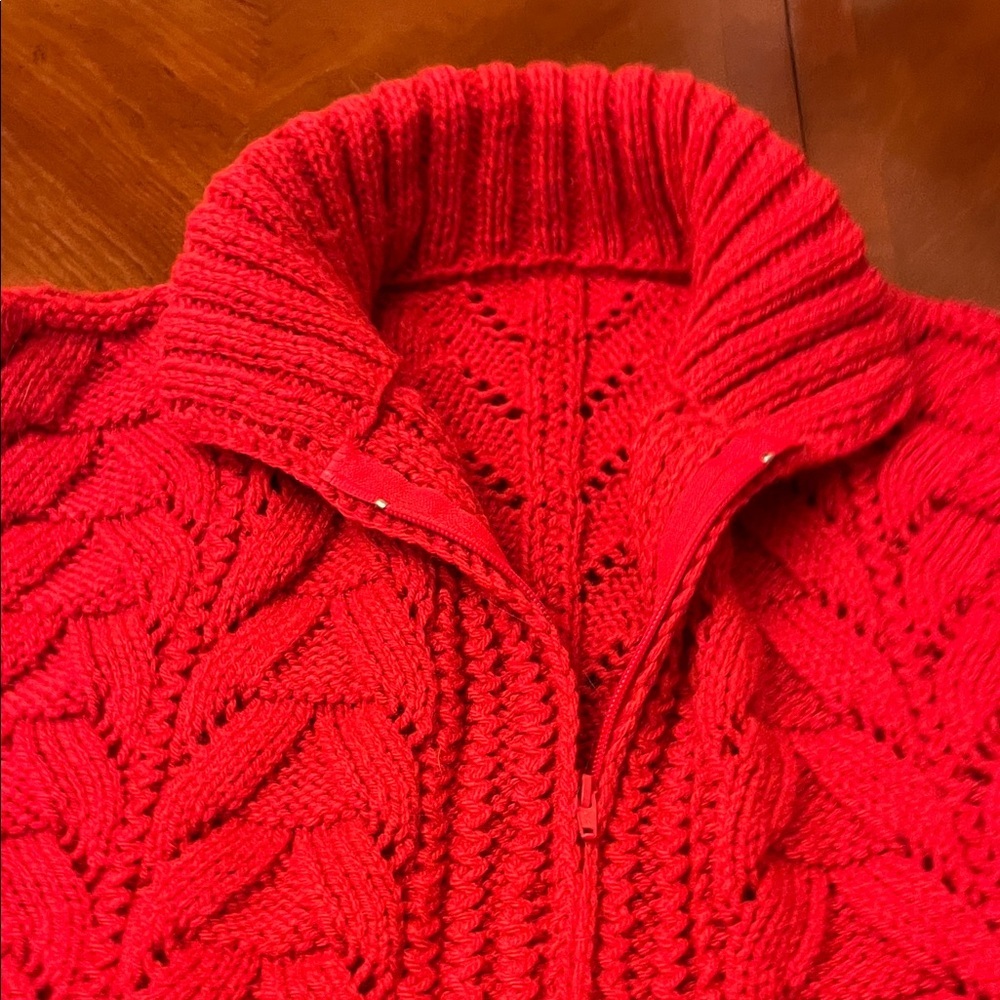Vintage Chunky Red Braided Cable Knit Zip-Up Cardigan Oversized Cotton - Picture 2 of 5